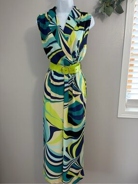 NWT One n More Sleeveless Green & Blue Abstract Print Jumpsuit with Belt